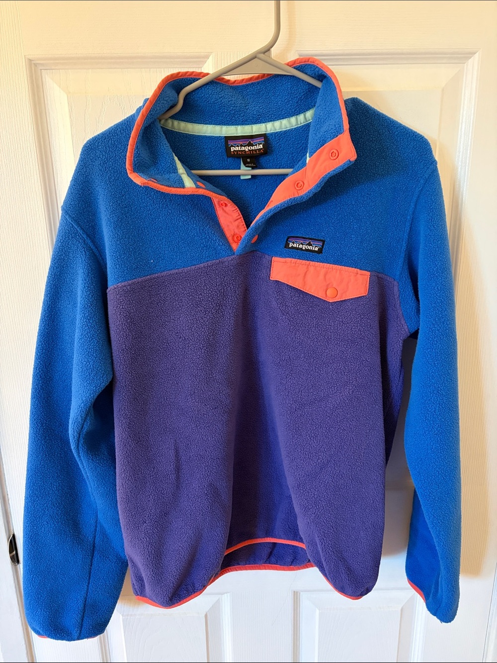Patagonia Women’s Blue & Purple Fleece Pullover with Coral Trim